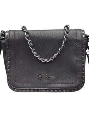 Jessica Simpson Misha Black Vegan Leather Flap Messenger Bag with gunmetal chain